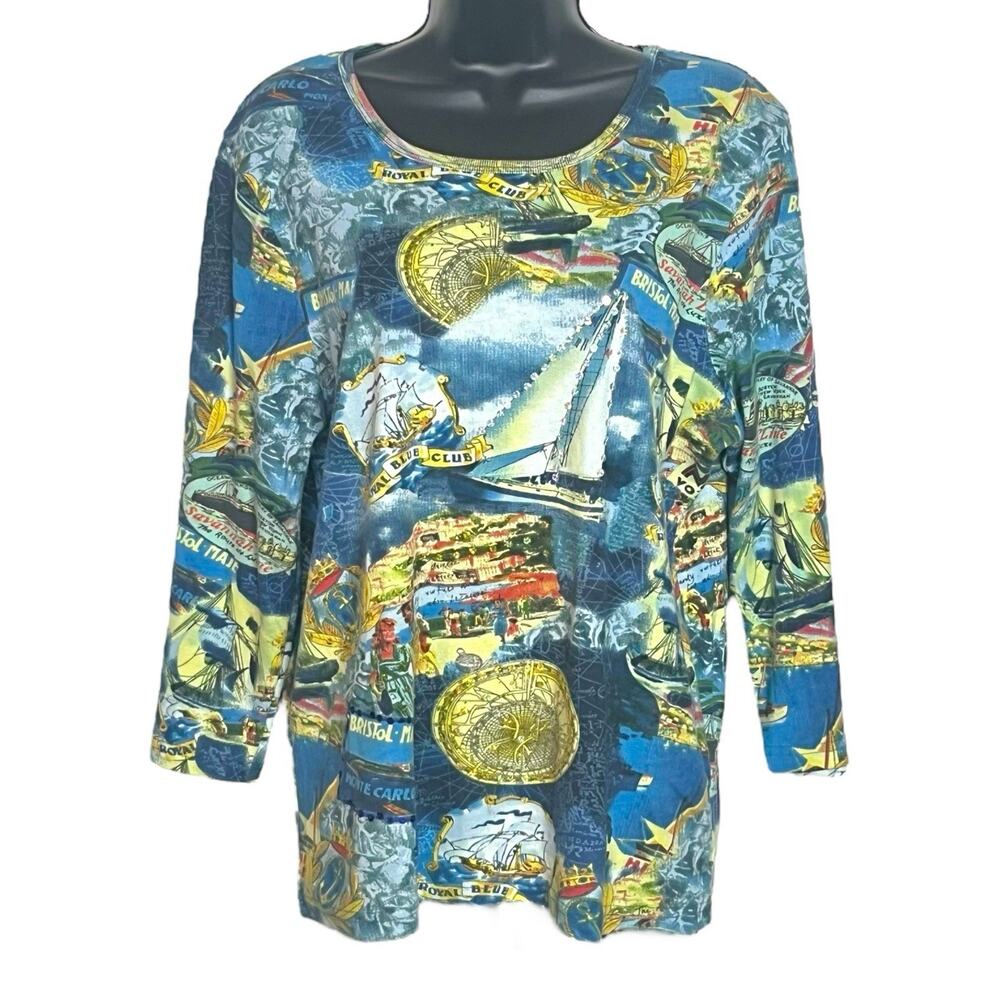 Vtg 90s Y2K Nautical Sequin Sailboat Novelty Knit Top Tee Shirt Fits Large Blue